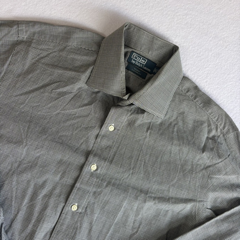 Polo Ralph Lauren Regent Custom Button Up Dress Shirt Men 17.5 36/37 Black Plaid